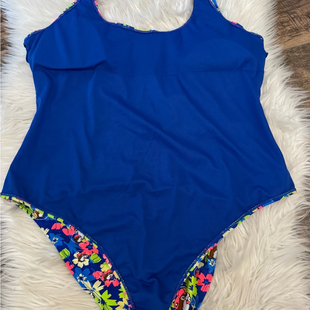 Buc-ee’s Size 2X‎ Blue Neon Floral Beaver Logo One Piece Swimsuit - Picture 7 of 10
